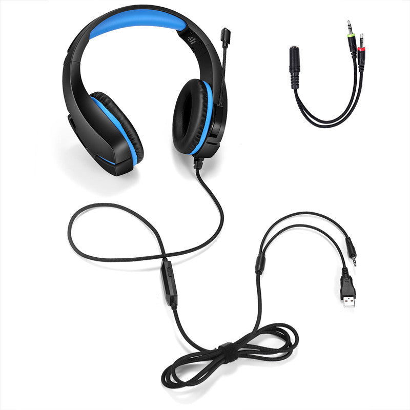 Black-blue wired gaming headset with 3.5mm and USB cable accessories