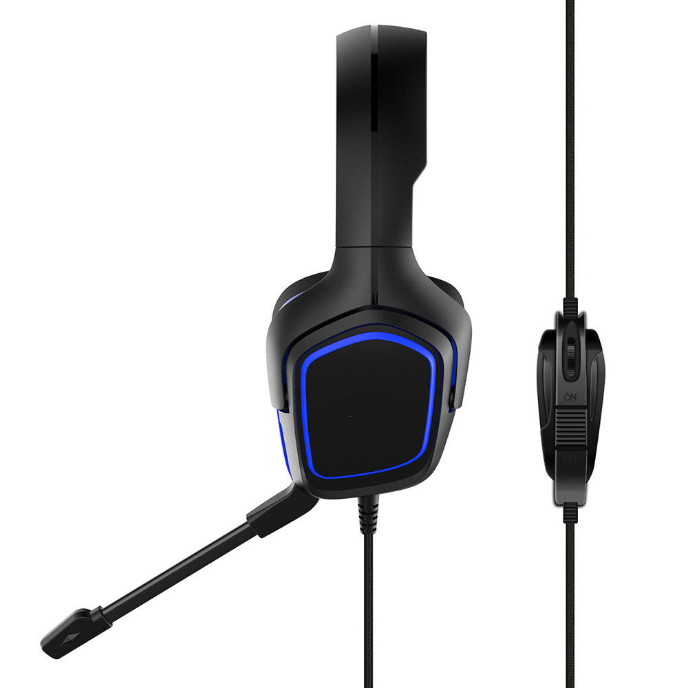 Black-blue wired gaming headset with microphone and 3.5mm cable detail