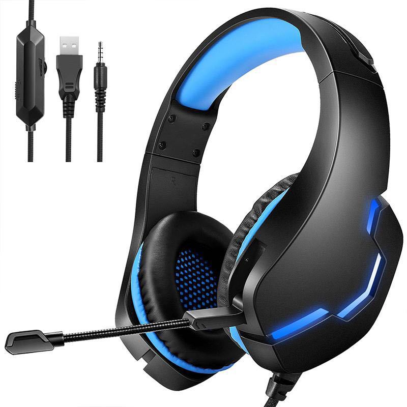Black-blue wired gaming headset with microphone, USB plug, and 3.5mm audio connector