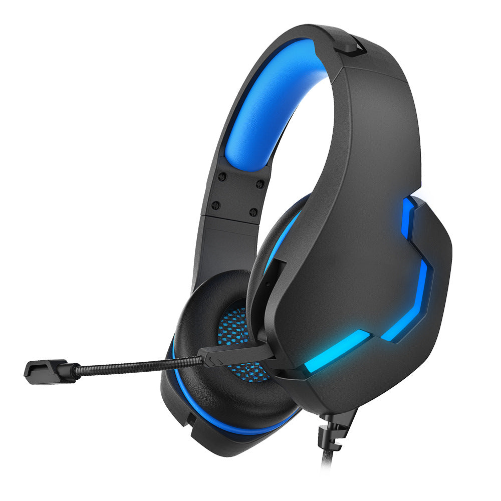 Black-blue wired gaming headset with microphone on a white background
