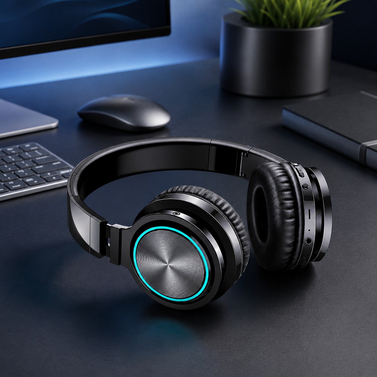 Black Bluetooth wireless foldable headset on a clean desk setup