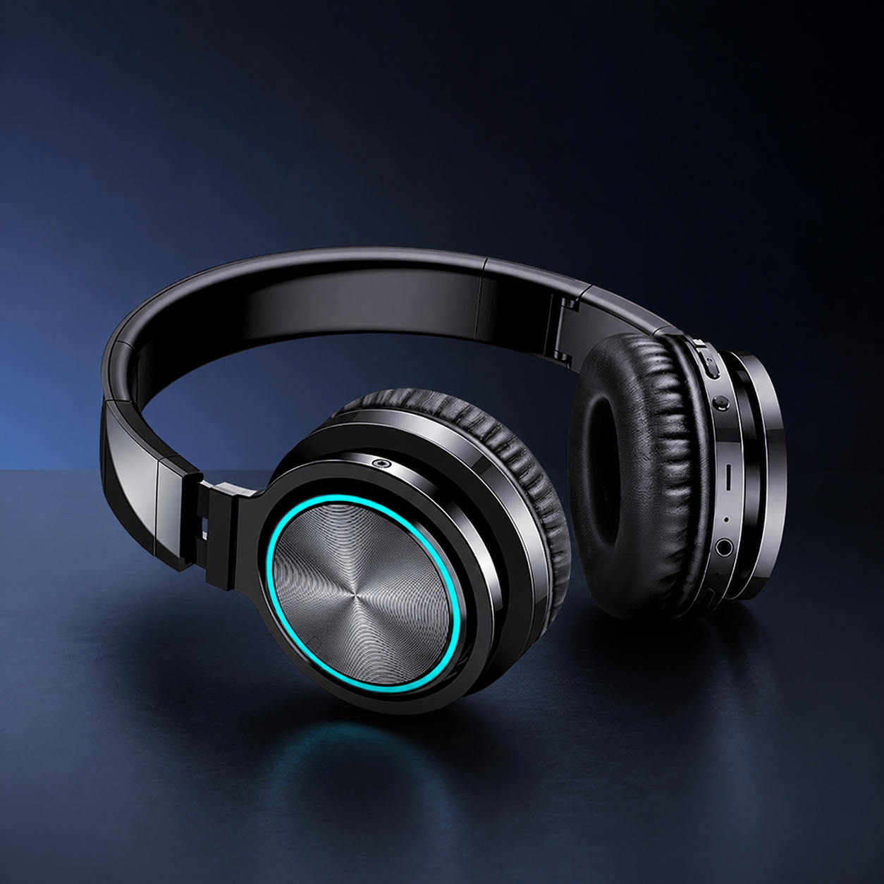 Black Bluetooth wireless foldable headset on a dark studio background