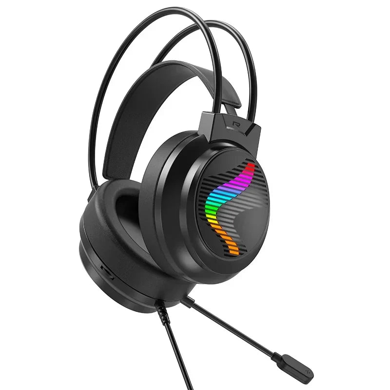 Black RGB LED wired gaming headset with microphone side view