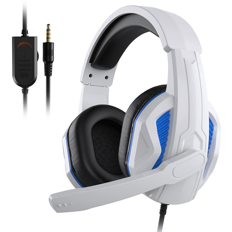 White-blue wired gaming headset with microphone and 3.5mm cable