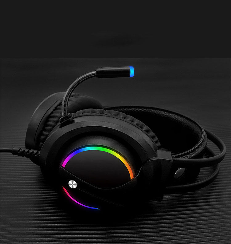 Wired RGB gaming headset with lighting detail on dark background