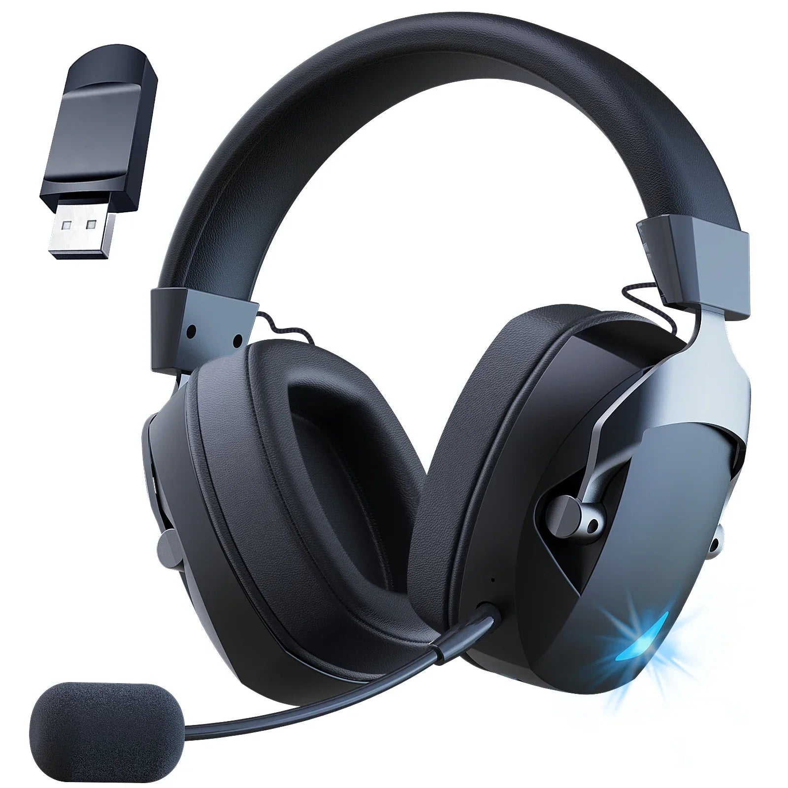 Wireless gaming headset with detachable microphone and USB receiver